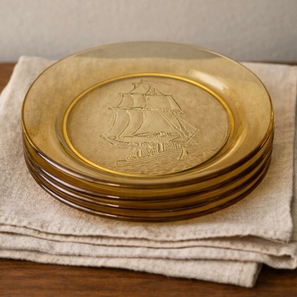 Other - Amber Glass Sailboat Dinner Plate - Set of 4